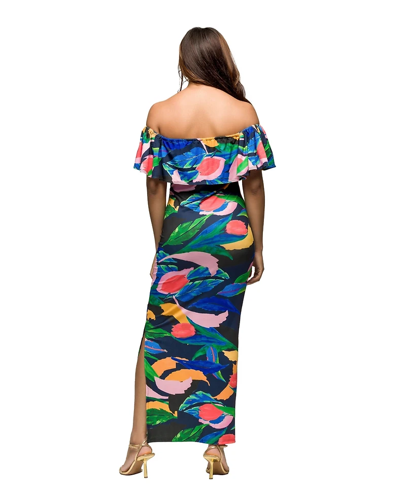 24seven Comfort Apparel Women's Off Shoulder Multicolor Print Side Slit Maxi Dress