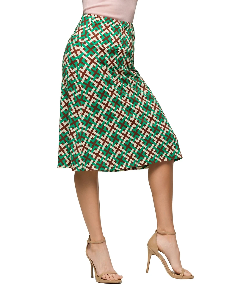 24seven Comfort Apparel Women's Green Geometric Print Comfortable Elastic Waist Knee Length Skirt