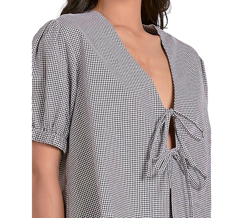Elan Women's Gingham Tie-Front Puff-Sleeve Top
