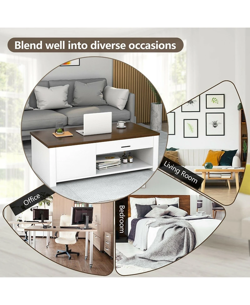 Modern Coffee Table with Front Back Drawers and Compartments for Living Room
