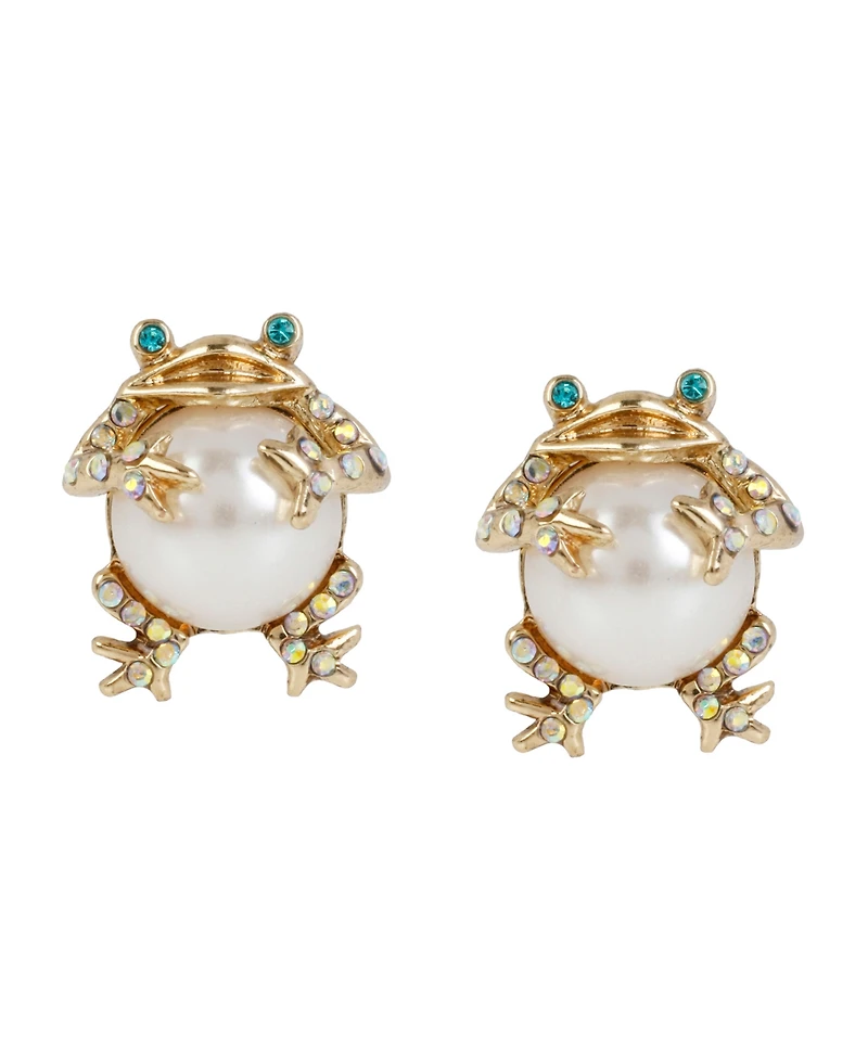 Betsey Johnson Faux Stone Cultivated Pearl Frog Stud Earrings