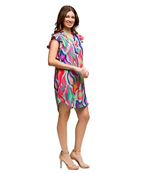 24seven Comfort Apparel Women's Multicolor Print V Neck Cap Sleeve Knee Length Pocket Dress