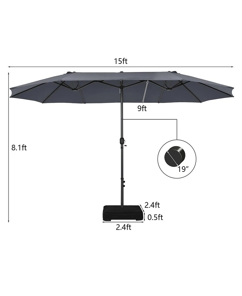 Gymax 15 ft Double-Sided Patio Umbrella Market Twin w/ Enhanced Base