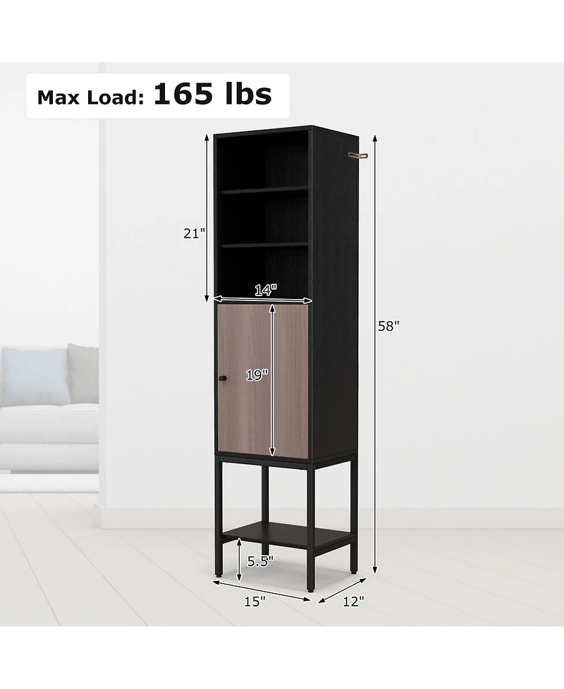 57" Bathroom Tall Cabinet with 1 Door and 4 Shelves Freestanding Floor