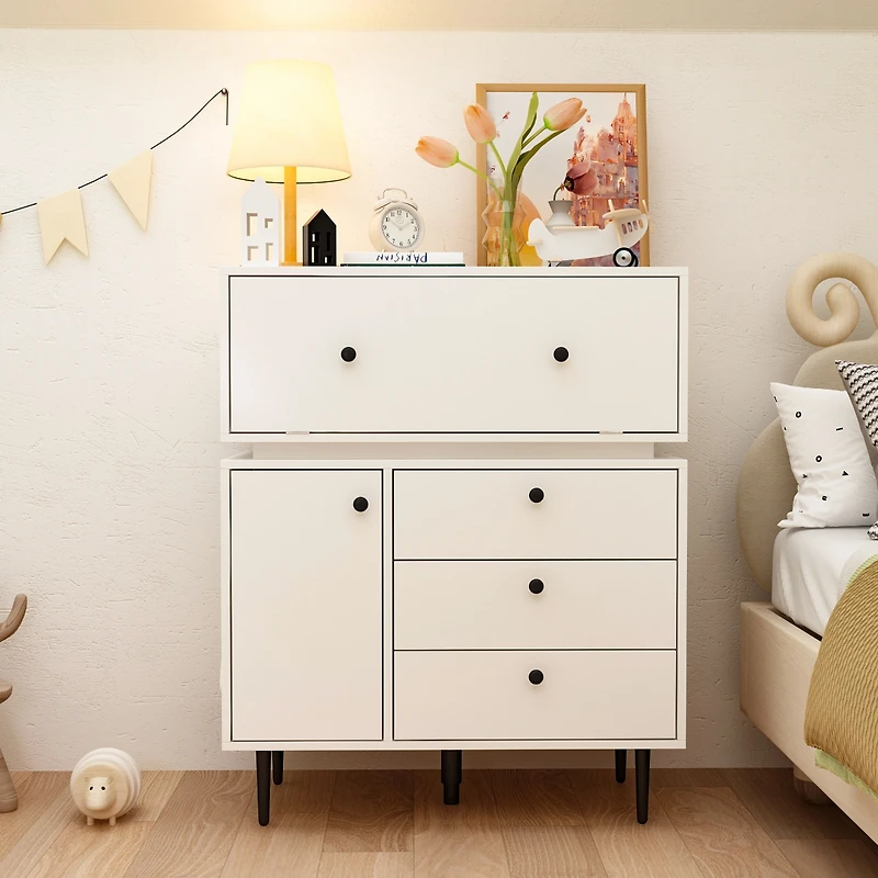 Robot-style Nightstand, Side table with three drawers and two doors, white wooden End table, Bedside table for bedrooms, living rooms, offices