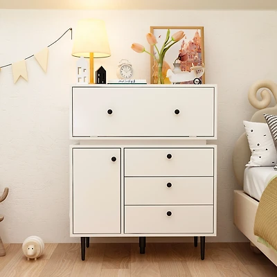 Robot-style Nightstand, Side table with three drawers and two doors, white wooden End table, Bedside table for bedrooms, living rooms, offices