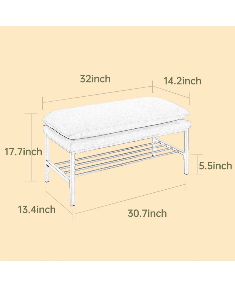 Modern Upholstered End of Bed Bench with Metal Legs and Storage Shelf Versatile Shoe Rack Ottoman for Entryway Bedroom Living Room Window or Hallway-T