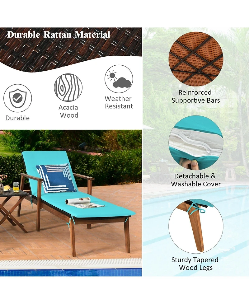 Outdoor 3-Piece Cushioned Rattan Lounge Chair Set – Portable Patio Furniture with Folding Table