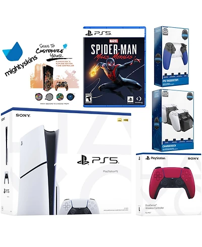 Sony Playstation 5 Slim Disc Bundle with Spider-Man: Miles Morales, Extra Volcanic Red Controller, Trigger Stop Kit, Dual Charge Dock and MightySkins