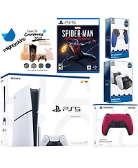 Sony Playstation 5 Slim Disc Bundle with Spider-Man: Miles Morales, Extra Volcanic Red Controller, Trigger Stop Kit, Dual Charge Dock and MightySkins