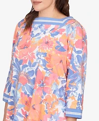 Ruby Rd. Plus Floral Striped Trim Top