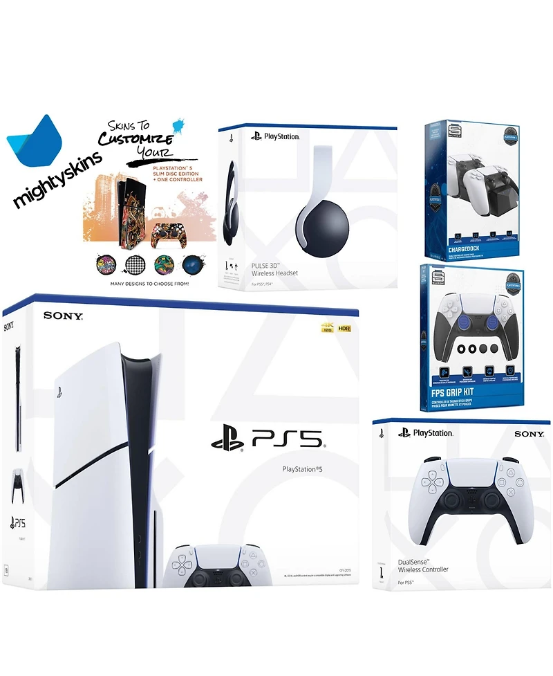 Sony Playstation 5 Slim Disc Bundle with White Pulse Headset, Extra Nova Pink Controller, Fps Grip Kit, Dual Charge Dock and MightySkins Decal Voucher