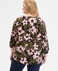 Jones New York Plus Floral-Print 3/4-Sleeve Top