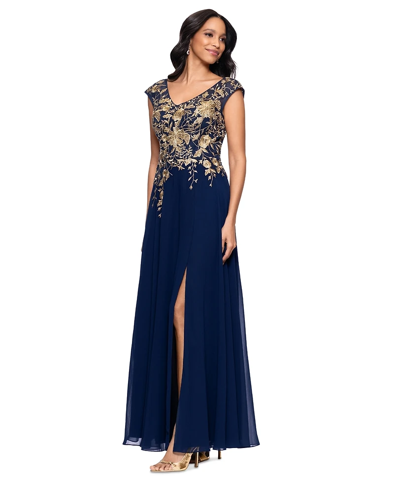 Betsy & Adam Women's Embroidered V-Neck Front-Slit Gown