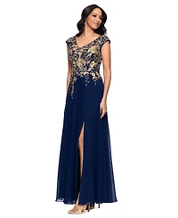 Betsy & Adam Women's Embroidered V-Neck Front-Slit Gown