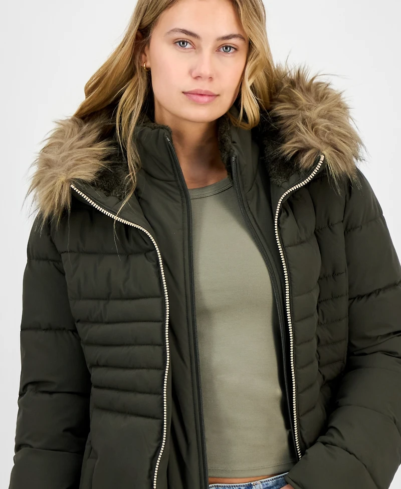 Maralyn & Me Juniors' Faux-Fur Hooded Bibbed Puffer Coat