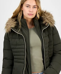 Maralyn & Me Juniors' Faux-Fur Hooded Bibbed Puffer Coat