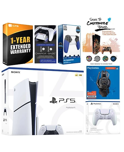Sony Playstation 5 Slim Disc with Extra Controller, Plantronics Headset, Trigger Stop Kit, Charge Dock and MightySkins Decal Voucher + 1 Year Cps Exte
