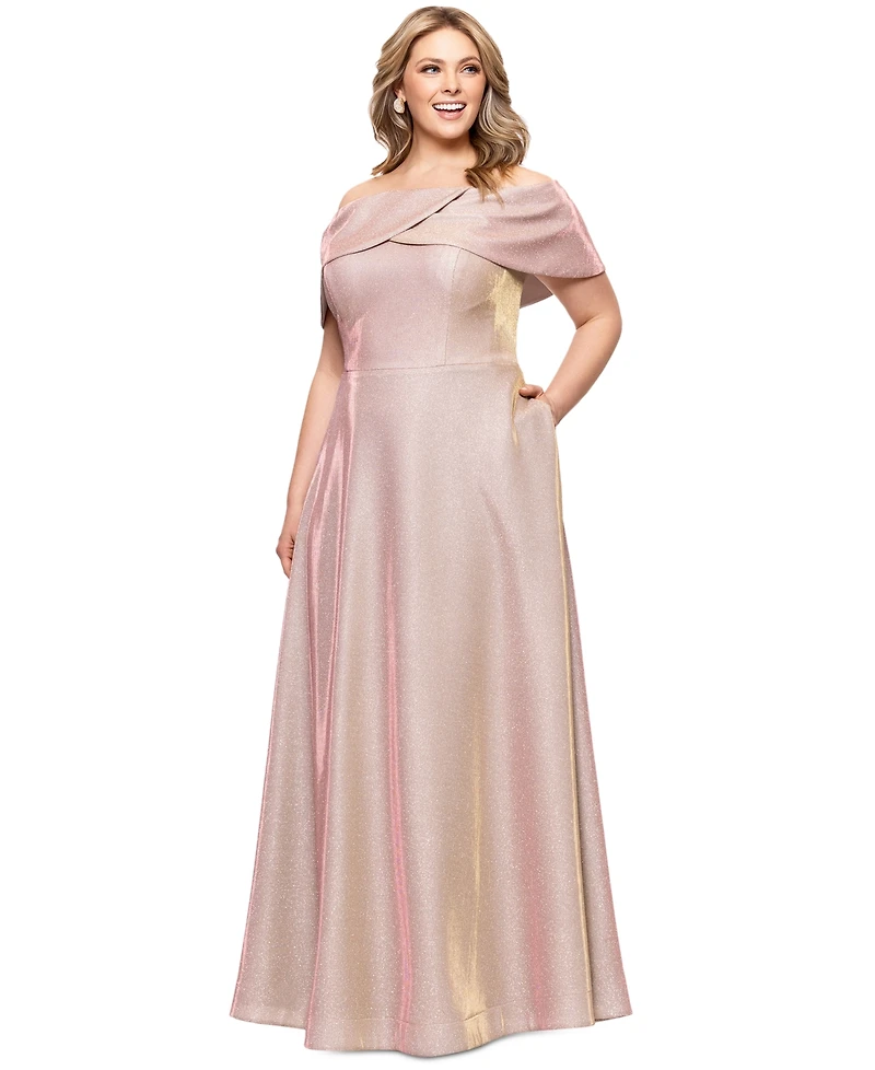 Betsy & Adam Plus Metallic Off-The-Shoulder Gown