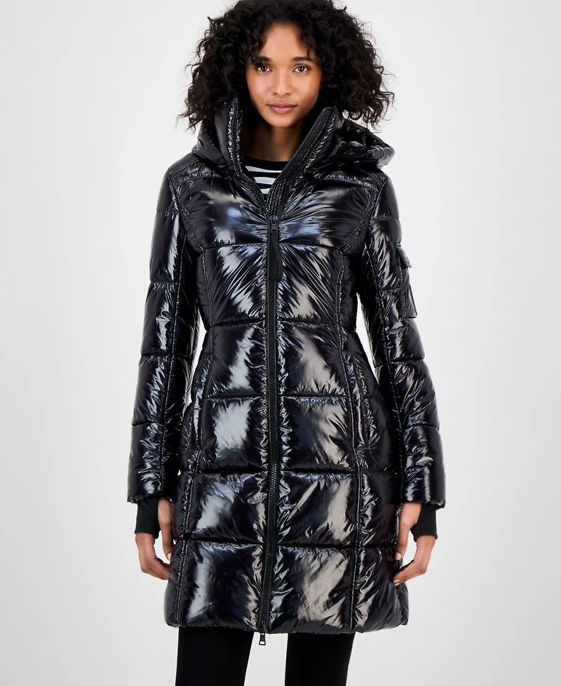 S13 Women's Hooded Thumbhole-Cuff Shine Puffer Coat