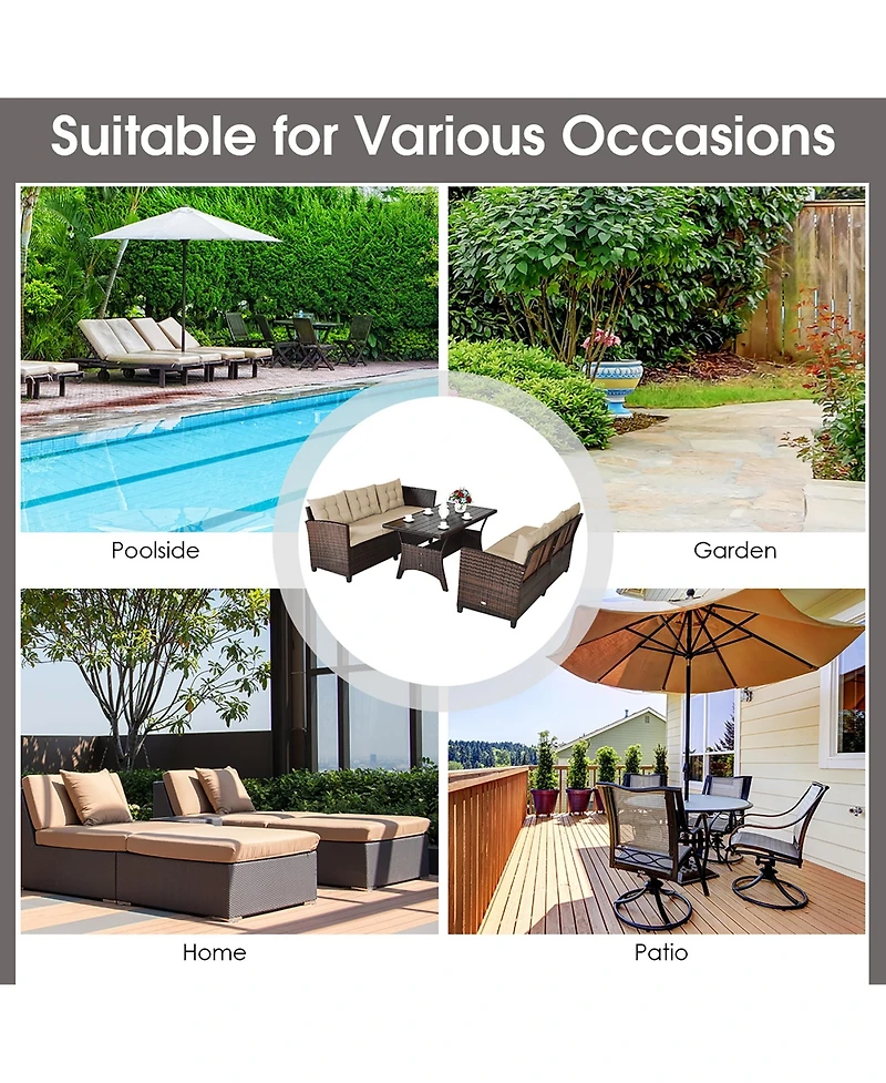 3PCS Rattan Dining Set Patio Furniture 6 Seats Sofa Cushioned