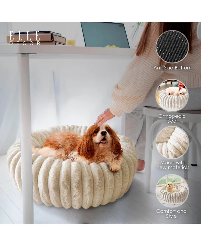 Elle Decor Round Wide Wale Pet Cuddler Bed, Anti-Skid Bottom, Bedding for Dogs and Cats