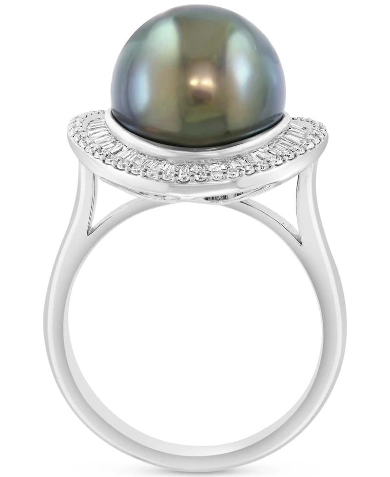 Effy Cultured Tahitian Pearl (11mm) & Diamond (3/8 ct. t.w.) Statement Ring in 14k White Gold