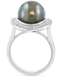 Effy Cultured Tahitian Pearl (11mm) & Diamond (3/8 ct. t.w.) Statement Ring in 14k White Gold