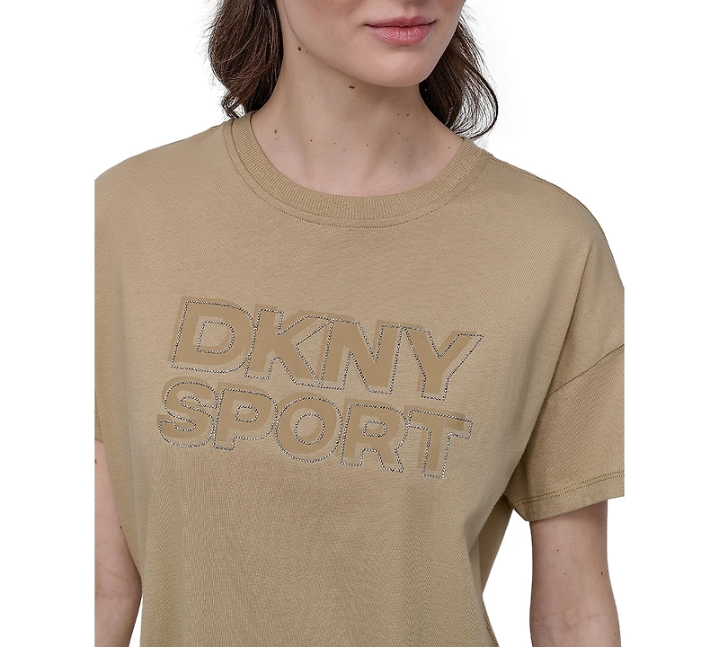 Dkny Sports Women's Rhinestone-Logo Drop-Shoulder T-Shirt