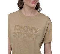 Dkny Sports Women's Rhinestone-Logo Drop-Shoulder T-Shirt