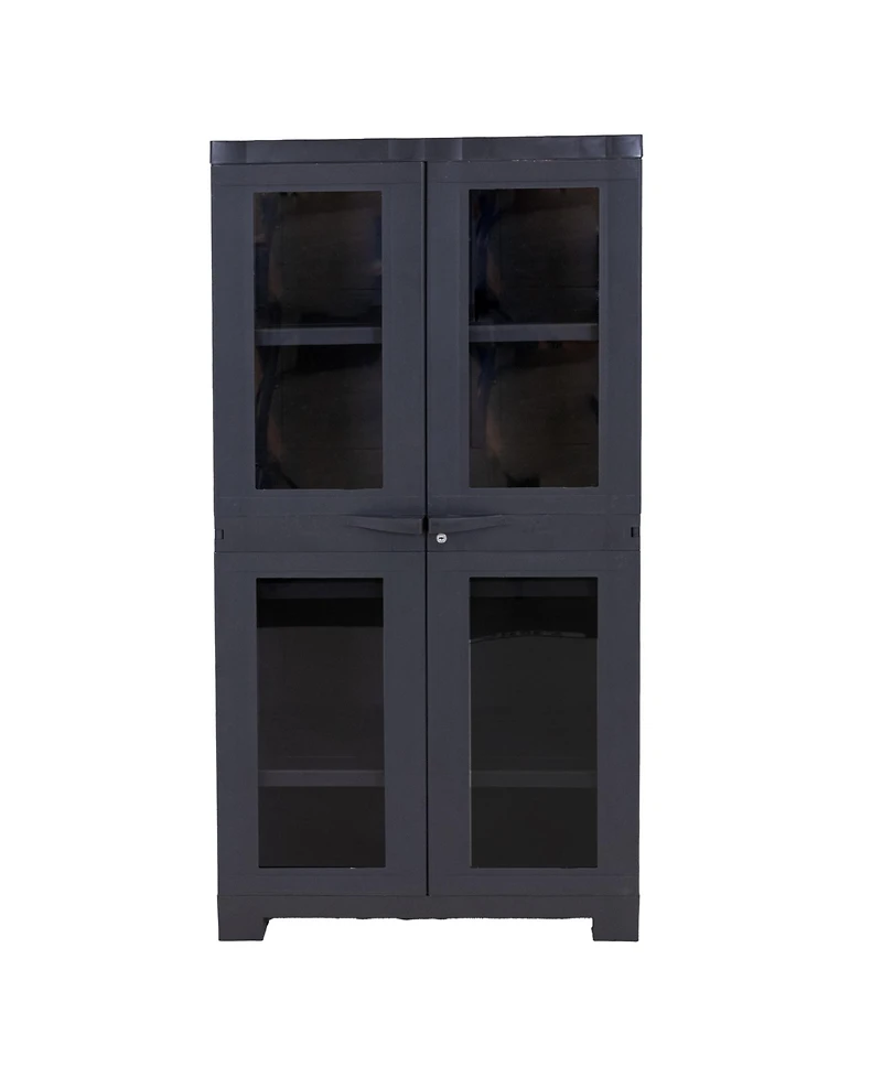 Plastic Lockable Storage Cabinet with 3 Adjustable Shelves and Windows - Charcoal