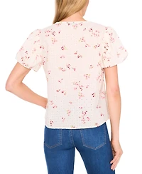 CeCe Women's Printed Eyelet Cotton Bubble Sleeve Blouse