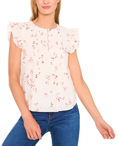 CeCe Women's Printed Eyelet Cotton Pintuck Blouse