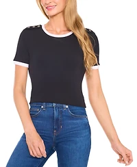 CeCe Women's Button-Shoulder Contrast-Trim T-Shirt