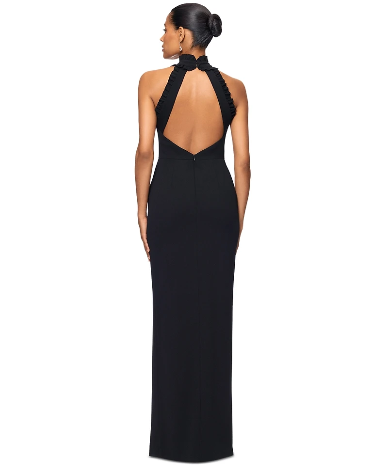 Xscape Petite Ruffled Halter Mock Neck Cutout-Back Gown