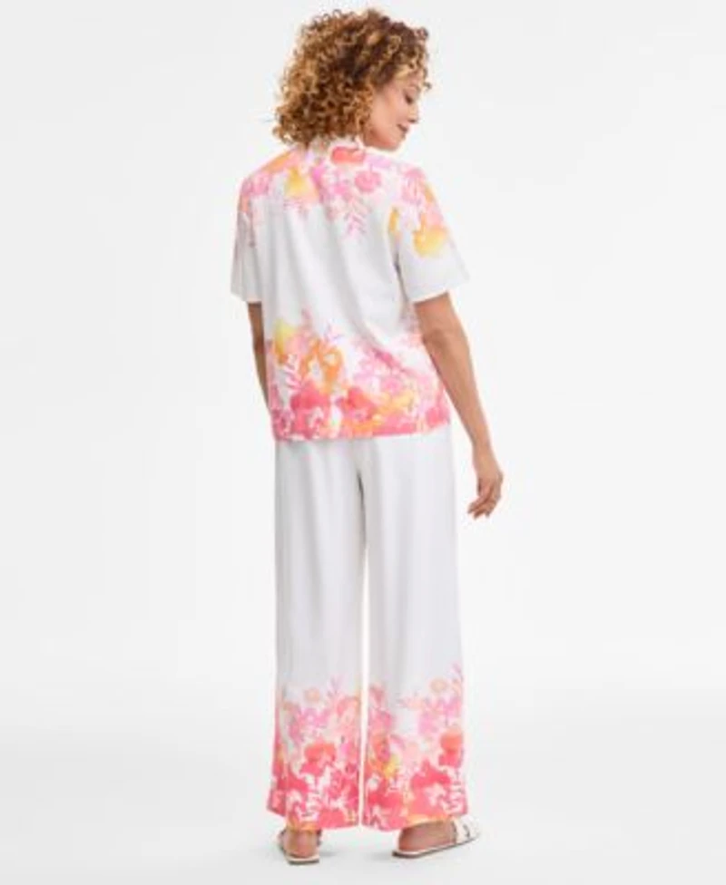 Jm Collection Womens Floral Linen Short Sleeve Top Floral Linen Wide Leg Pants Exclusively At Macys