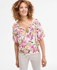 Jm Collection Petite Floral-Print Blouson Top, Exclusively at Macy's