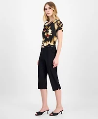 Anne Klein Womens Floral Print Cowlneck Short Sleeve Blouse Belted Pedal Pusher Urban Stretch Pull On Capri Pants