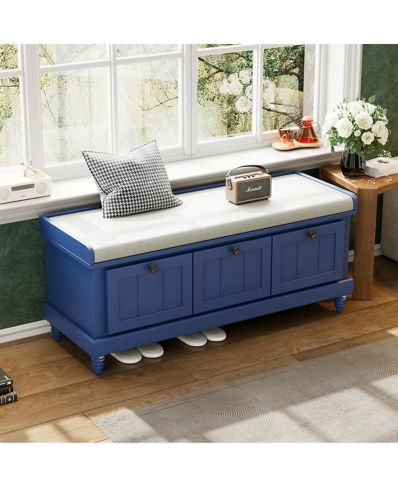 Streamdale Classic Storage Bench with Cushioned Seat and Three Drawers for Entryway and Living Room (Navy Blue)