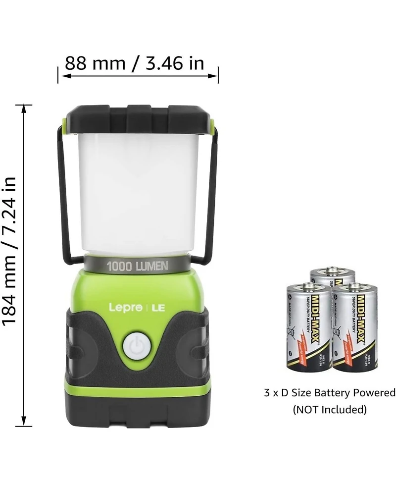 Lepro 1000LM Battery Powered Led Camping Lantern, Waterproof with 4 Light Modes,Not Rechargeable, Ideal for Camping, Emergency, Power Outages