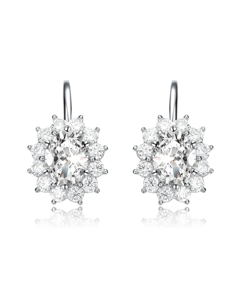 White Gold Plated with Cubic Zirconia Hibiscus Flower Cluster Drop Earrings with Leverback