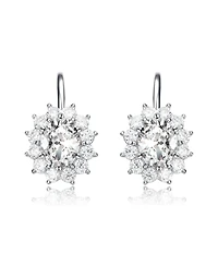 White Gold Plated with Cubic Zirconia Hibiscus Flower Cluster Drop Earrings with Leverback