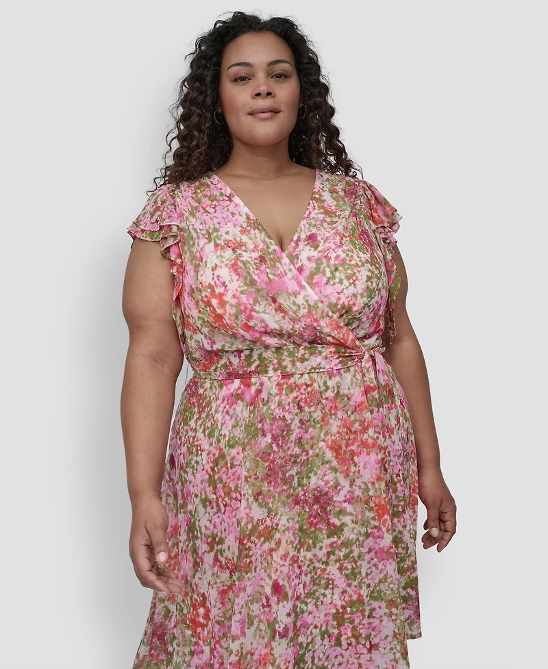 Dkny Plus Flutter-Sleeve Belted High-Low Dress