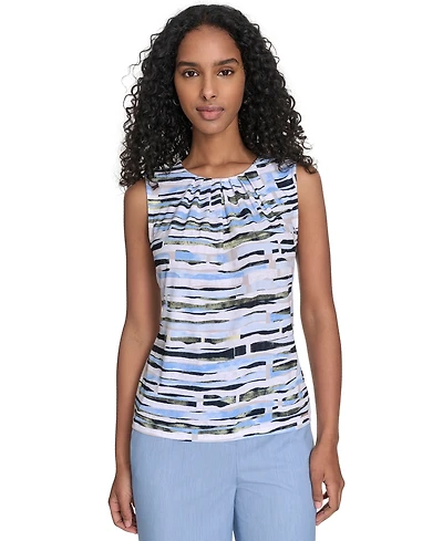 Calvin Klein Petite Striped Pleated-Neck Top