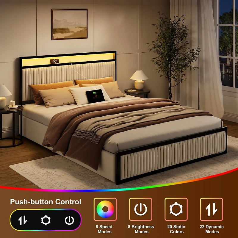Hausource Queen Size Velvet Upholstered Bed Frame with Led Headboard, 2 Drawers, Charging Station