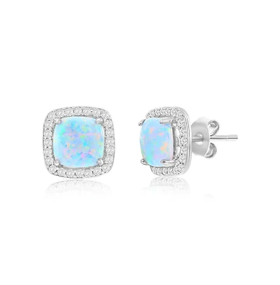 Sterling Silver, White Synthetic Opal Square Halo, Cz Border Earrings
