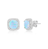 Sterling Silver, White Synthetic Opal Square Halo, Cz Border Earrings