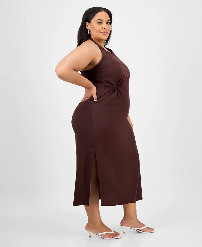 Bar Iii Trendy Plus Halter-Neck Linen-Blend Midi Dress, Exclusively at Macy's