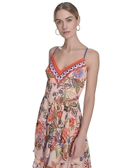 Eliza J Women's Printed V-Neck Ruffe-Trim Maxi Dress