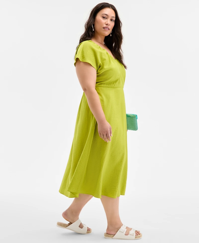 On 34th Trendy Plus Flutter-Sleeve Textured Satin Midi Dress, Exclusively at Macy's